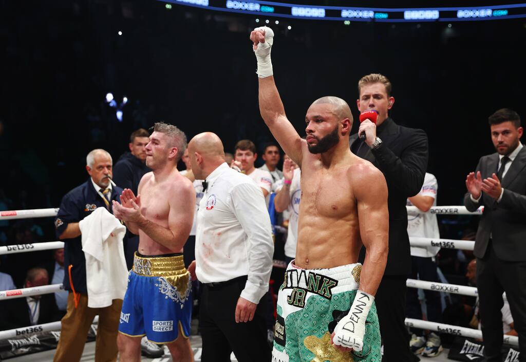 Chris Eubank Jr celebrates after beating Liam Smith in a 10th round stoppage at Manchester Arena. Photograph: Matt McNulty/Getty Images