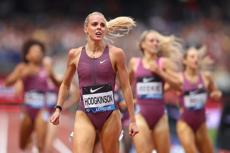 Keely Hodgkinson of Great Britain celebrates winning the women's 800m final during the London Athletics Meet on July 20th, 2024. Photograph: Ben Hoskins/Getty Images