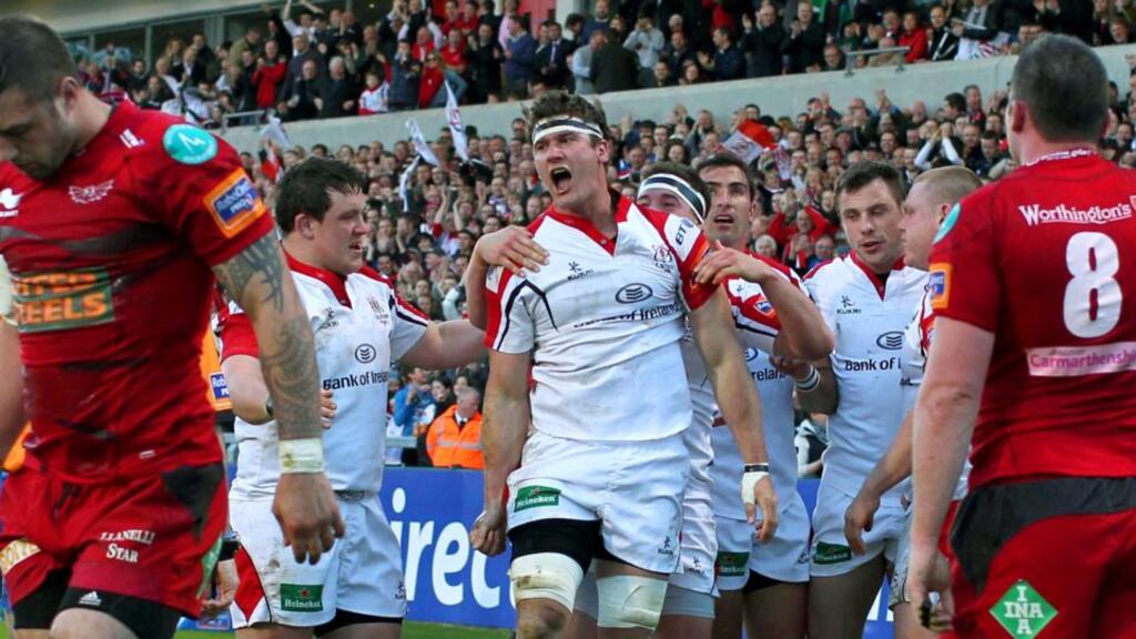 Ulster’s Robbie Diack (centre) celebrates scoring against Scarlets. Photograph: Darren Kidd/Presseye/Inpho