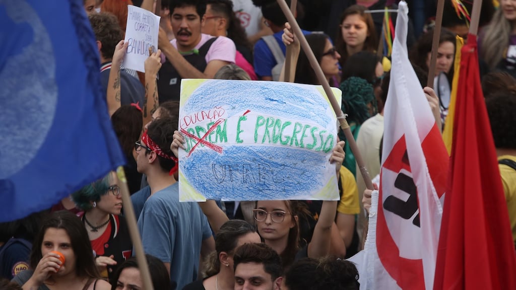 Protesters on the streets of São Paulo march against the slashing of education funding in Brazil. Photograph: Fabio Vieira/FotoRua/NurPhoto via Getty Images