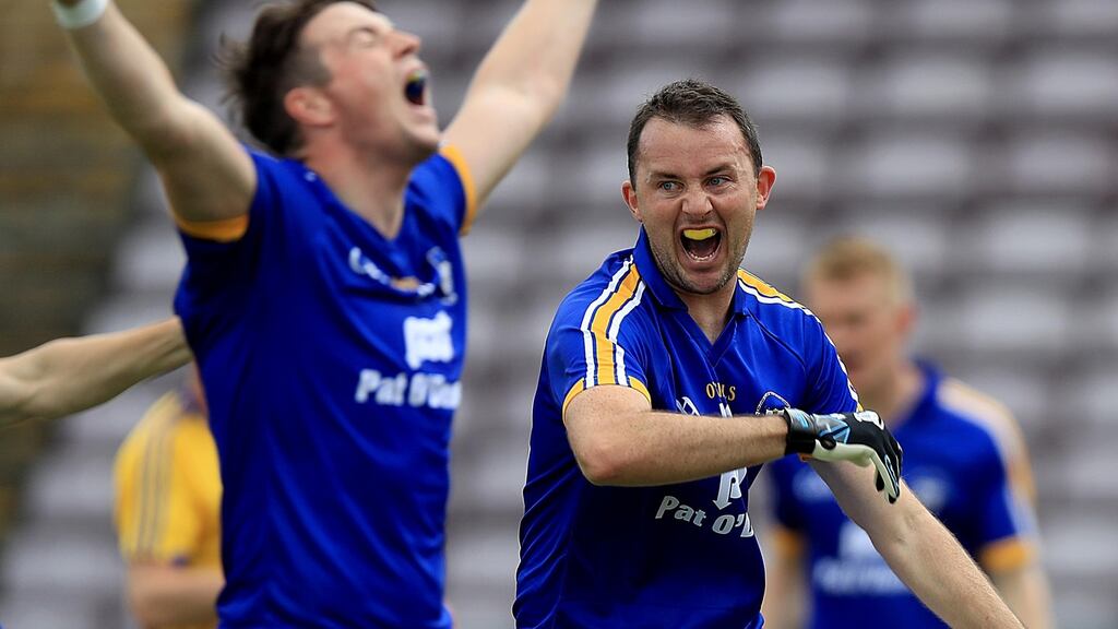 Clare’s David Turbidy celebrates scoring the first goal of the game in their clash with Roscommon. Photo: Inpho