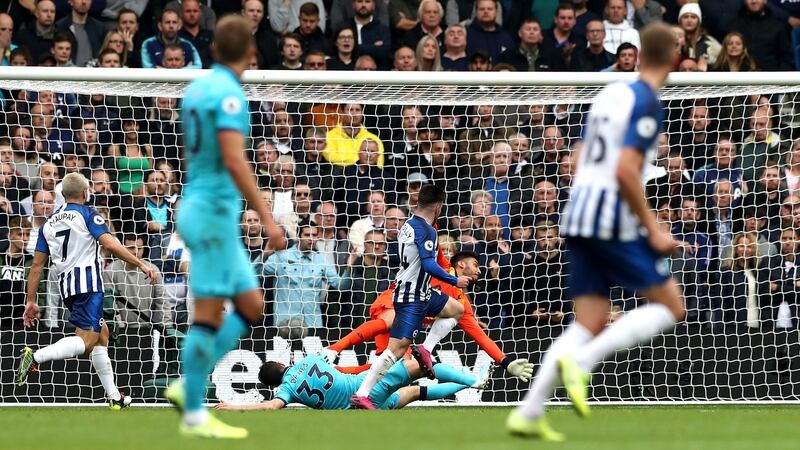 Ireland under-21 international Aaron Connolly scores his first goal. Photograph: Gareth Fuller/PA Wire.
