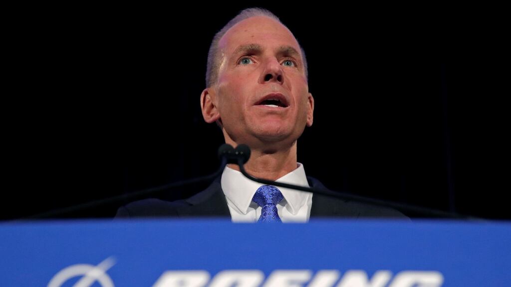 Boeing chief executive Dennis Muilenburg speaks during a news conference at the annual shareholder meeting in Chicago, Illinois. Photograph: Jim Young REUTERS