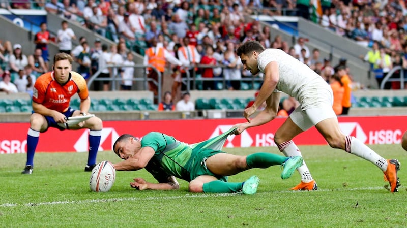 Jordon Conroy scores Ireland’s winning try against England at Twickenham. Photograph: Andrew Fosker/Inpho