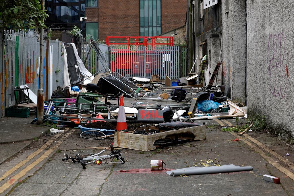 The burnt remains of an encampment used by asylum seekers, at Sandwith Street, Dublin. Photograph: Conor Ó Mearáin/Collins Photo Agency