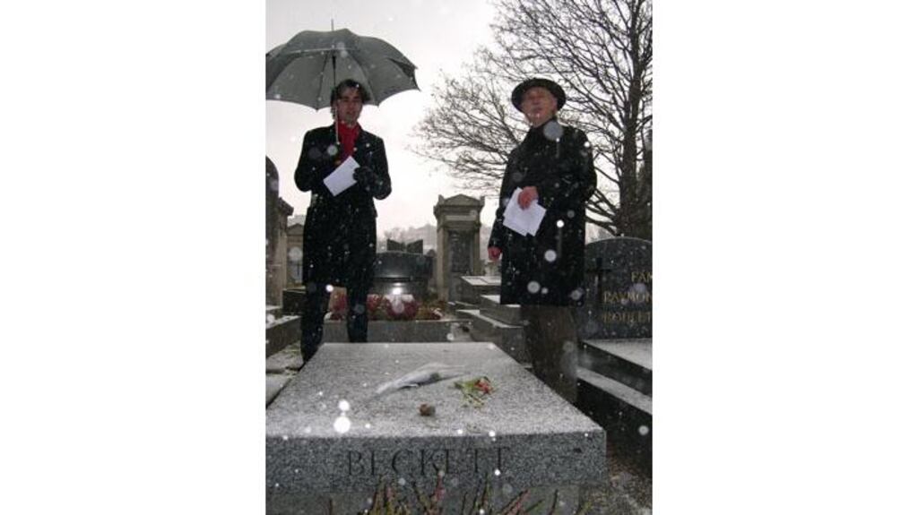 Reza and Peter Mulligan read a bilingual poetic tribute to Samuel Beckett at the writer's grave in Montparnasse, Paris, yesterday.