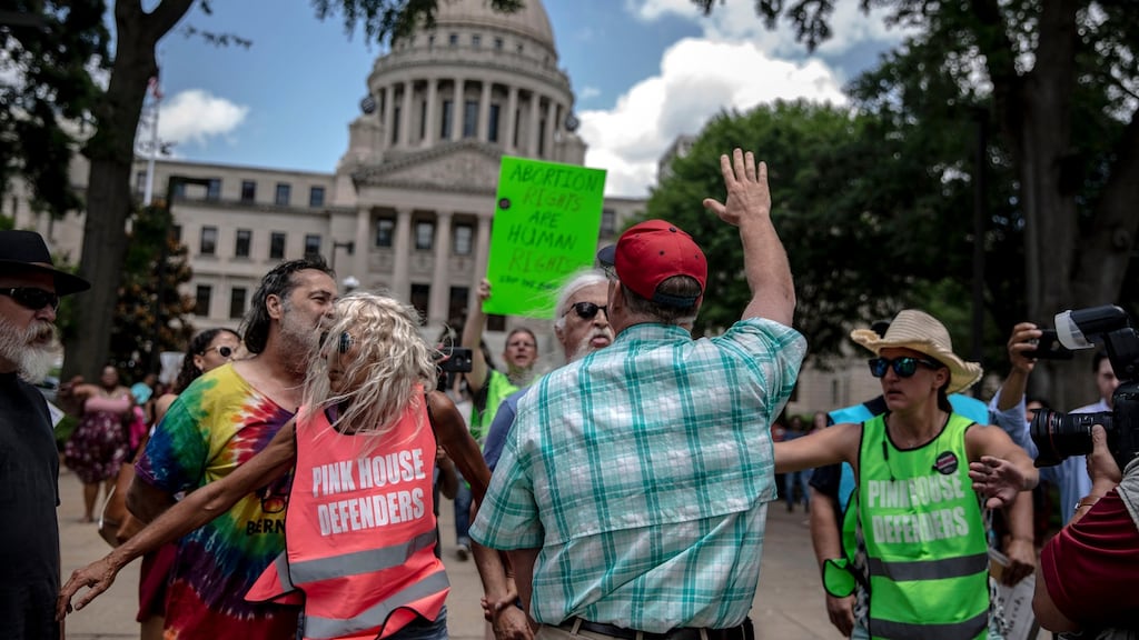 Those for and against abortion rights protest in front of the Mississippi state capitol in Jackson, Mississippi on Friday. Photograph: New York Times