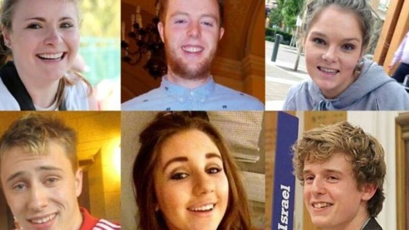 The students who were killed when the balcony collapsed at the Library Gardens Apartments, in Berkeley, California (Top LtoR) Ashley Donohoe, Eoghan Culligan, Olivia Burke, (Bottom LtoR) Nick Schuster, Eimear Walsh, and Lorcan Miller.