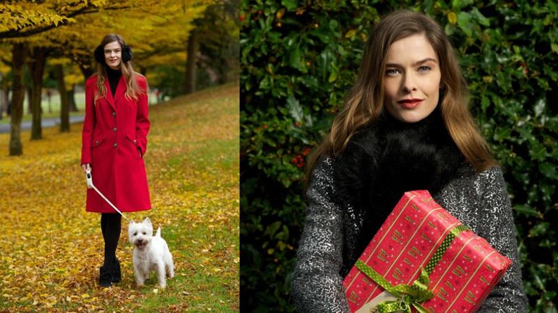 (L-R) 1. Red coat €125, black polo-neck dress €40, black lace-up boot €70, black tights €11, black faux fur ear muffs €13. 2. Sequin cropped jacket €95, black fur stole €34