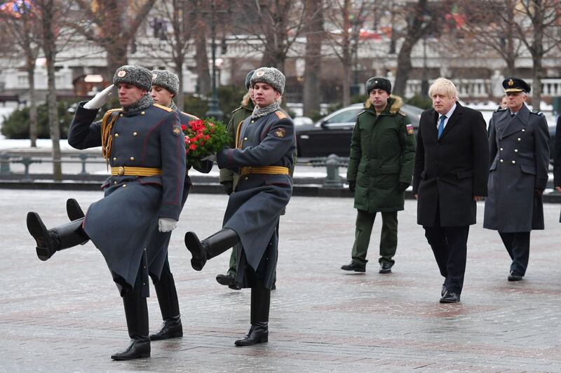 Foreign secretary Boris Johnson during a wreath-laying ceremony at the Tomb of the Unknown Soldier in Moscow. Photograph: Stefan Rousseau/PA Wire