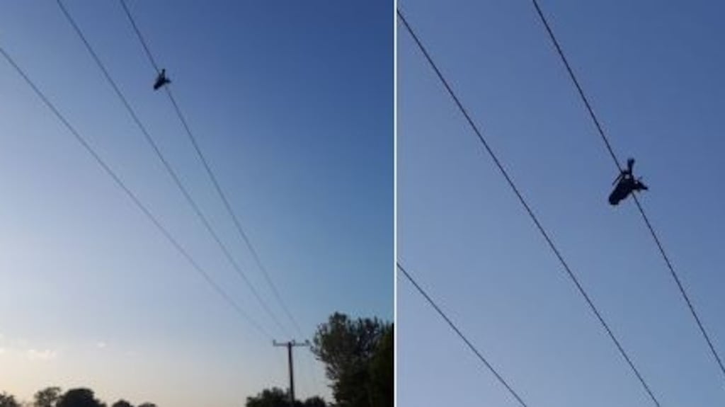 The drone caught in power lines. Photographs: Dublin Fire Brigade/Twitter