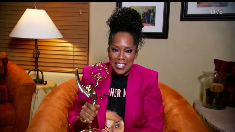 Regina King wearing a Breonna Taylor shirt as she wins the Emmy for Outstanding Lead Actress In A Limited Series Or Movie with Watchmen. Photograph: American Broadcasting Companies