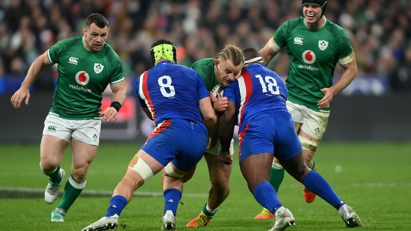 Finlay Bealham of Ireland is stopped by Gregory Alldritt and Demba Bamba of France during the recent Six Nations clash. Bealham has only started three matches as a tighthead since 2016. Photo: Mike Hewitt/Getty Images