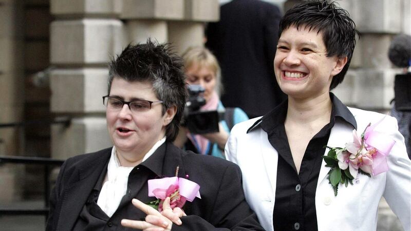Shannon Sickles and Grainne Close outside Belfast City Hall after their civil partnership ceremony in 2005. File photograph: Paul Faith/PA Wire