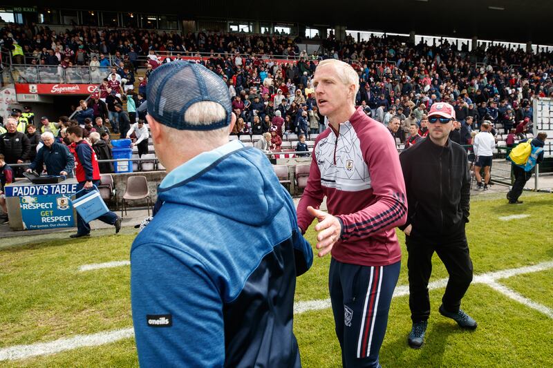 Dublin manager Micheál Donoghue shakes hands after the game with Galway manager Henry Shefflin. Photograph: Ben Brady/Inpho