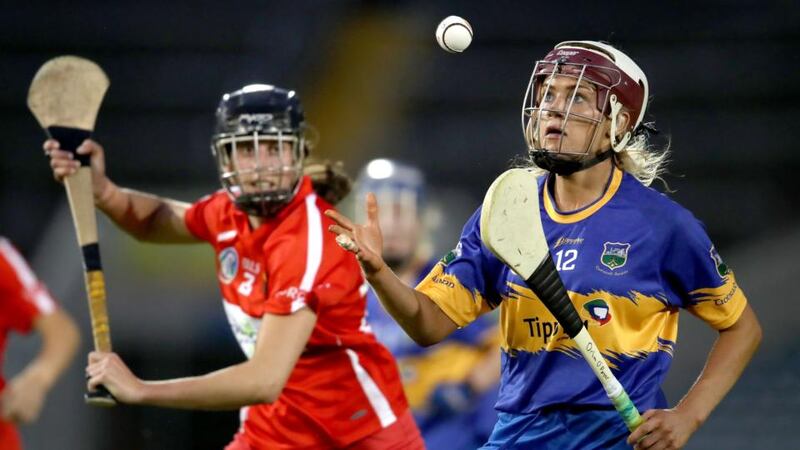 Orla O’Dwyer of Tipperary and Cork’s Orla Cotter in action during the Liberty Insurance All-Ireland Senior Camogie Championship semi-final at Semple Stadium in Thurles. Photograph: Bryan Keane/Inpho