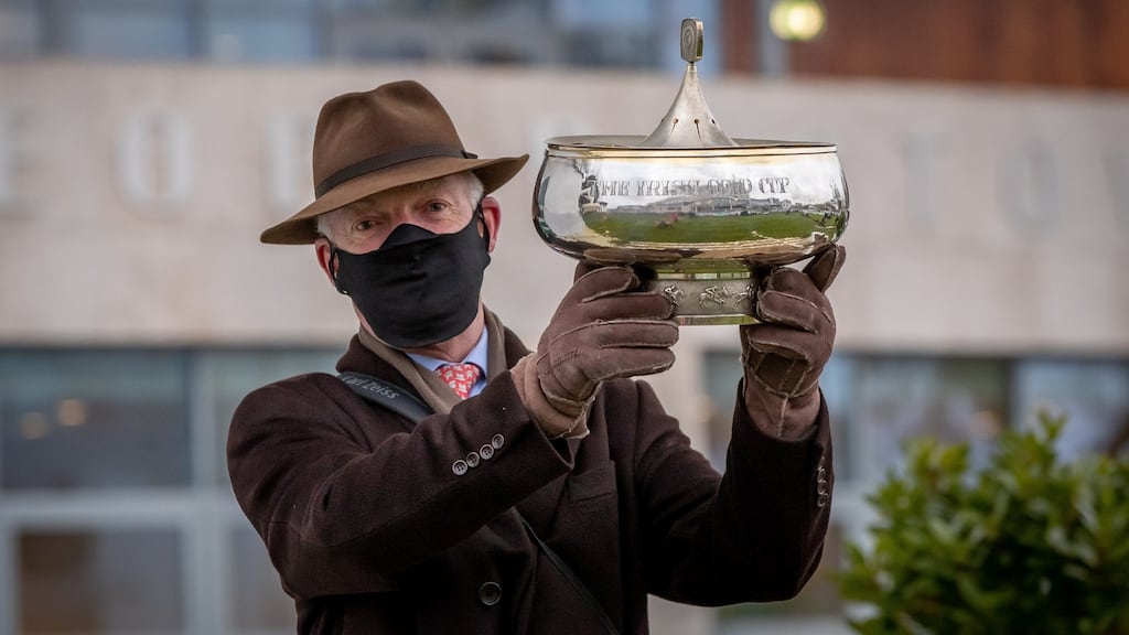 Trainer Willie Mullins celebrates winning The Paddy Power Irish Gold Cup with Kemboy. Photograph: Inpho