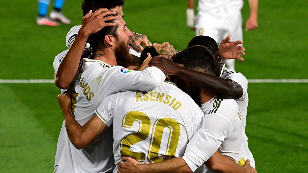 Real Madrid’s Marco Asensio celebrates his goal against Valencia. Photograph: Getty Images