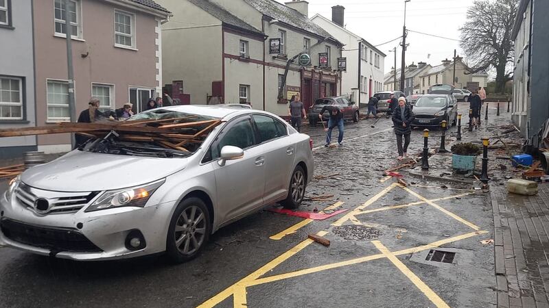 Cars were damaged by debris when the tornado hit Leitrim village. Photograph: Willie Donnellan