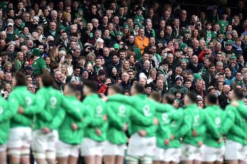 Ireland sing the national anthem ahead of the 2024 Six Nations match against Scotland at the Aviva Stadium in Dublin. Photograph: Charles McQuillan/Getty Images