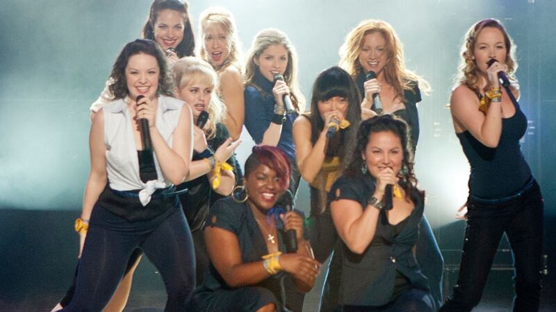 L to R) Ashley (SHELLY REGNER), Stacie (ALEXIS KNAPP), Fat Amy (REBEL WILSON), Aubrey (ANNA CAMP), Cynthia Rose (ESTER DEAN), Beca (ANNA KENDRICK), Lilly (HANA MAE LEE), Denise (WANETAH WALMSLEY), Chloe (BRITTANY SNOW) and Jessica (KELLEY ALICE JAKLE) are The Barden Bellas in Pitch Perfect