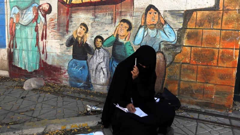 Catastrophic war: anti-Saudi graffiti outside Riyadh’s shuttered embassy in Yemen. Photograph: Yahya Arhab/EPA