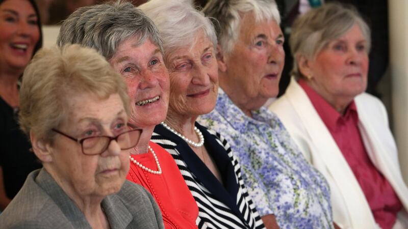 Retired gardaí Angela Leavy, Noeline McGrath, Sarah McGuinness, Mary O’Donnell and Bríd Wymbs  – part of the very first intake of 12  women recruits in the ‘class of ‘59’. Photograph:  Crispin Rodwell