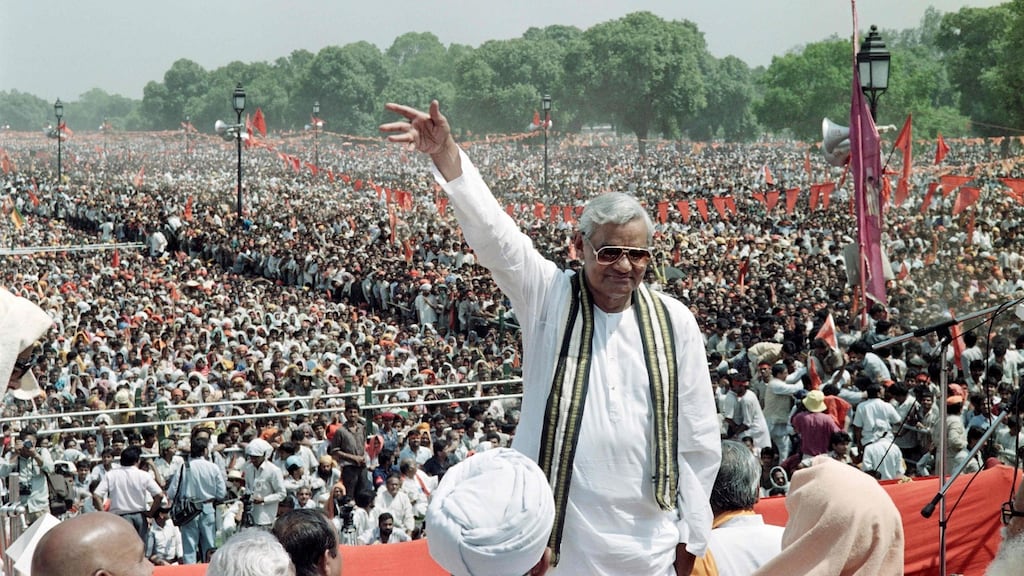 File image from April 1991 of Atal Bihari Vajpayee waving to supporters during a rally. File photograph: Douglas Curran/AFP/Getty Images