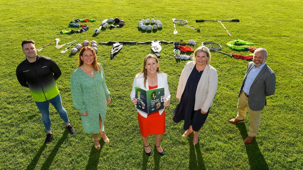 Mary O’Connor, centre, CEO of the Federation of Irish Sport, with, from left, Ciaran Gallagher, CEO of Gymnastics Ireland, Sinead McNulty, CEO of the Camogie Association, Michelle Carpenter, CEO of Rowing Ireland, and Graham Russell, Head of Sports Unit at Louth County Council, during the launch of the Federation of Irish Sport’s ‘Sport Matters Campaign’ to highlight their 2022 Pre-Budget Submission. Photograph: Matt Browne/Sportsfile
