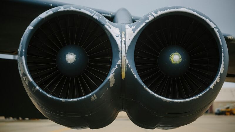 Two TF-33 engines housed in one of four pods beneath the wing of a B-52 Stratofortress bomber at Barksdale Air Force Base in Louisiana. Photograph: Edmund D Fountain/The New York Times