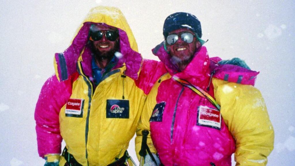 Dawson Stelfox (left) and Frank Nugent at advance base camp after his successful ascent. Photograph: Brian Hayestaken