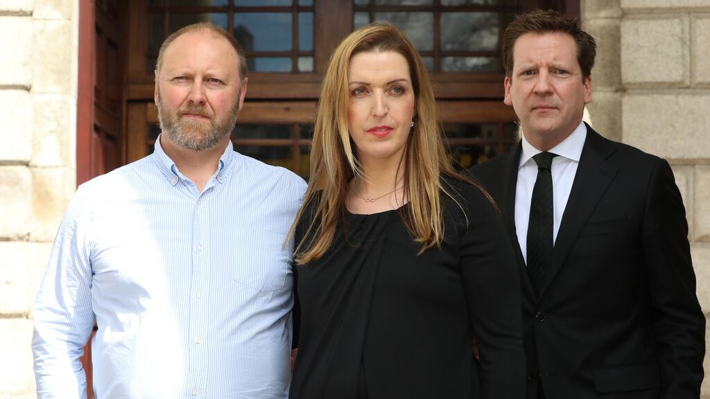 Vicky and Jim Phelan with solicitor Cian O’Carroll in April, following the announcement of Ms Phelan’s High Court settlement. Photograph: Collins Courts