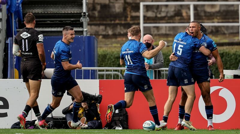 Adam Byrne celebrates after scoring a try for Leinster against Zebre. Photograph: Dan Sheridan/Inpho