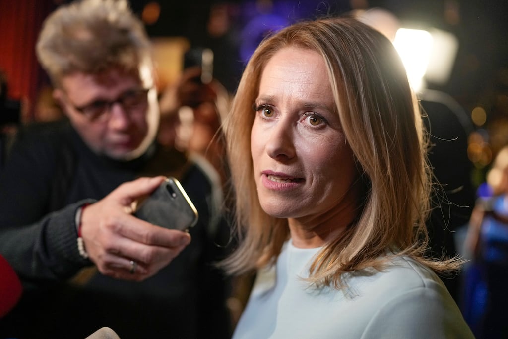 Estonian prime minister, Kaja Kallas , whose party has won a landslide victory in the general election, speaks to the media in Tallinn (Photo: Sergei Grits/AP)