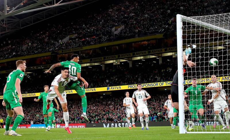 Adam Idah scores Ireland's second goal to level the game against Hungary at the Aviva Stadium, Dublin, last month. Photograph: Ryan Byrne/Inpho