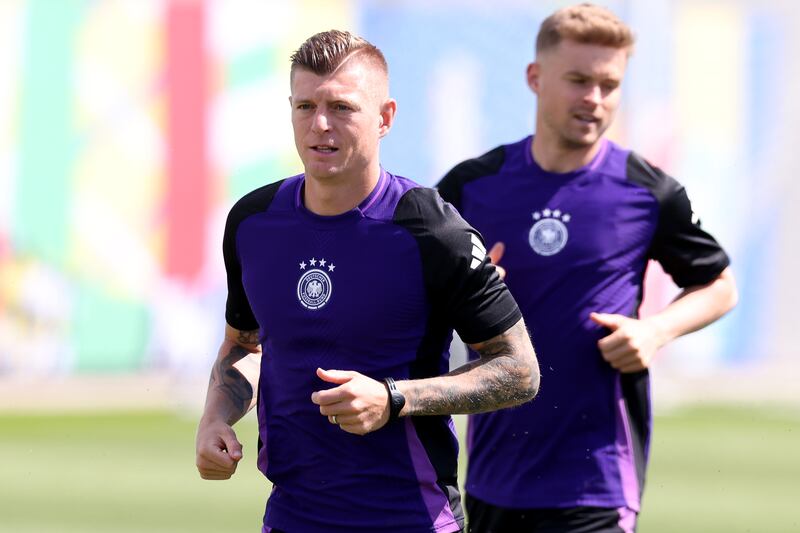Toni Kroos of Germany during a training session in Herzogenaurach, Germany. Photograph: Alexander Hassenstein/Getty Images