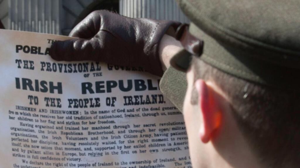 File photograph of the Proclamation being read during the 97th anniversary commemoration of the 1916 Easter Rising at the GPO in Dublin. Photograph: Gareth Chaney/Collins