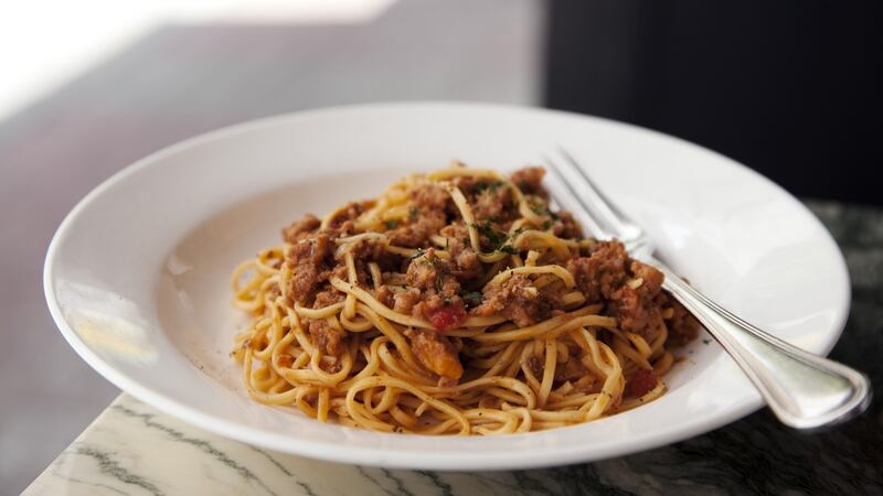 Pasta with tomato and meat Bolognaise sauce.