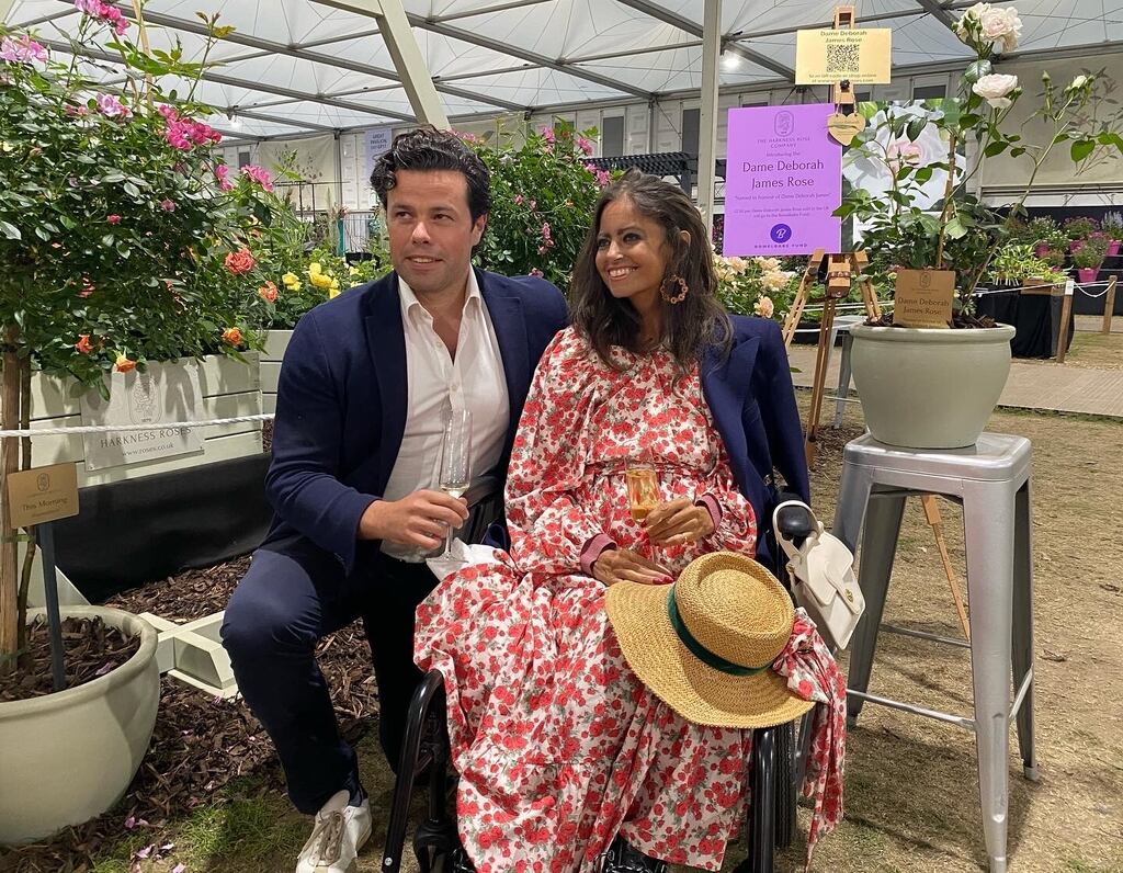 Dame Deborah James, with her husband Sebastien Bowen, during a private tour of the Chelsea Flower Show in May. Photograph: PA