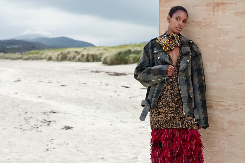 Dries Van Noten: biker jacket, cardigan, and feather-trim skirt