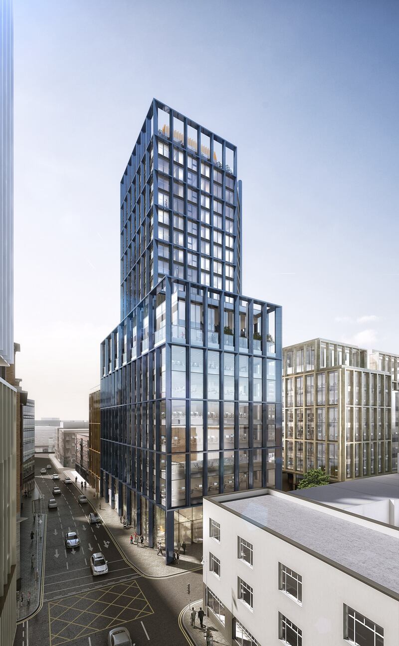 Marlet's planned College Square development on Tara Street in Dublin (which includes the residential tower protruding from the rest of the development) designed by Henry J Lyons Architects. NB Sliver of tall building on left of frame looks to be Johnny Ronan's planned tower, which has not been built as of 2025. Cropped derivative of this pic excludes that sliver.