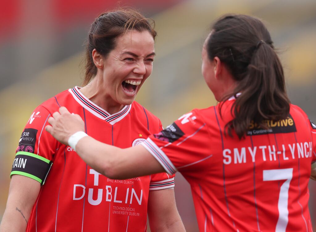 Shelbourne's Megan Smyth-Lynch is congratulated by Noelle Murray after scoring her side's fifth goal against Cork City at Tolka Park, Dublin. Photograph: Tom Maher/Inpho
