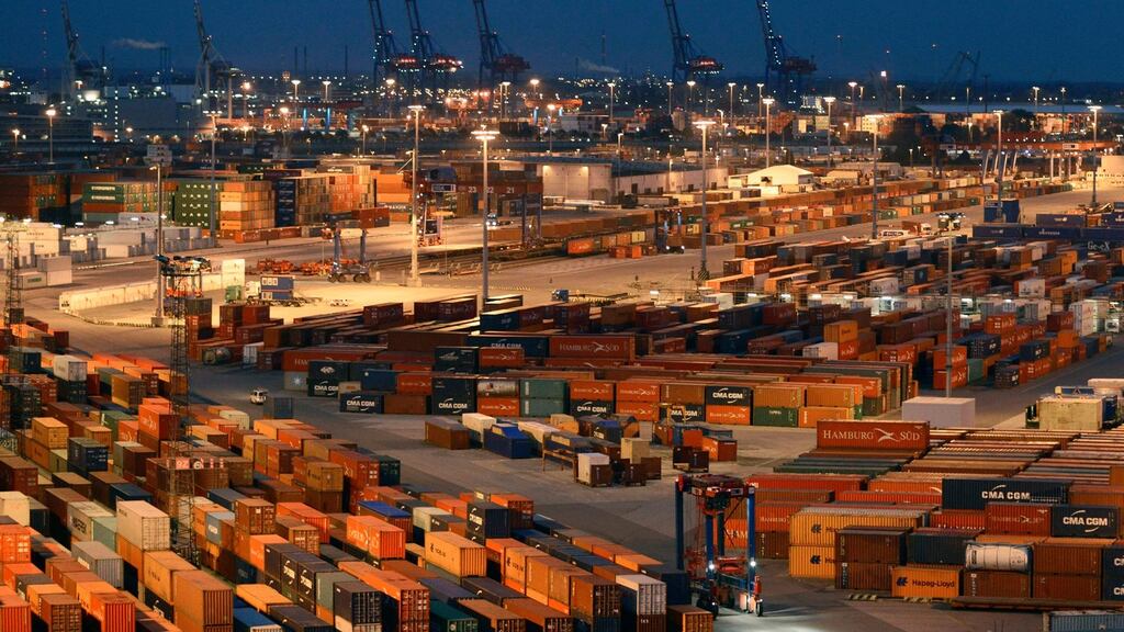 General view of the container terminal in the harbour of Hamburg