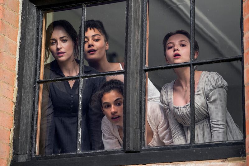 Dakota Johnson as Anne Elliot, Izuka Hoyle as Henrietta Musgrove, Nia Towle as Louisa Musgrove and Mia McKenna-Bruce as Mary Elliot in Persuasion. Photograph: Nick Wall/Netflix