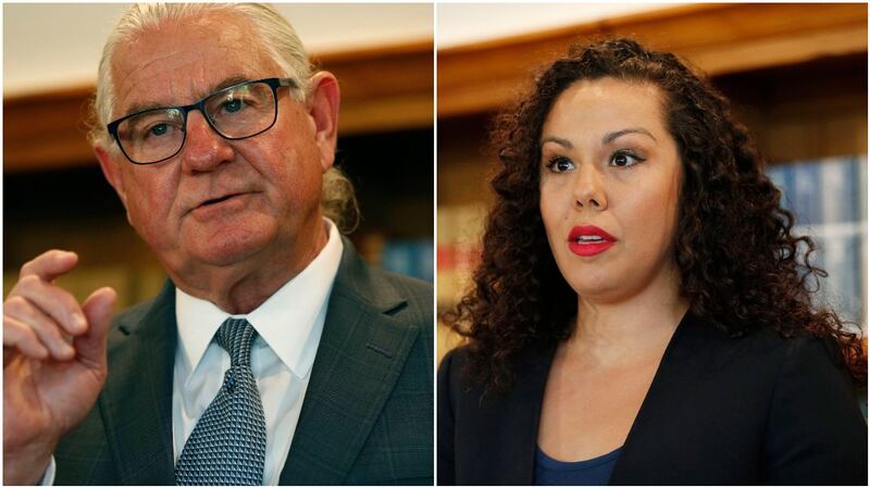 Lawyers Leslie Stovall and Larissa Drohobyczer, representing Kathryn Mayorga, speak during a news conference about rape allegations against Cristiano Ronaldo. Photograph: John Locher/AP