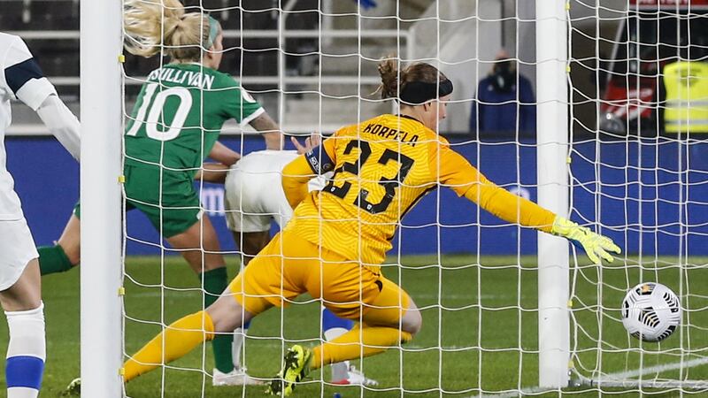 Denise O’Sullivan scores Ireland’s winner against Finland. Photograph: Kalle Parkkinen/Inpho