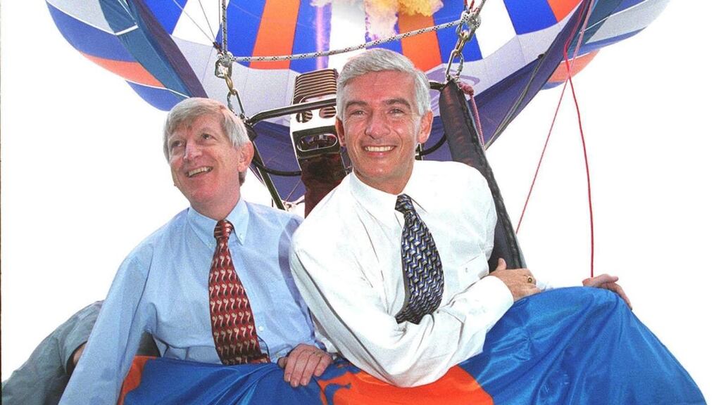 Q4 director Gerry O’Sullivan, right, pictured in 1999 alongside Eircom’s then chief executive Alfie Kane in a hot air baloon to launch the company’s new corporate identity. O’Sullivan left Eircom in 2003 to co-found public relations agency Q4 in Dublin. Photograph: Alan Betson