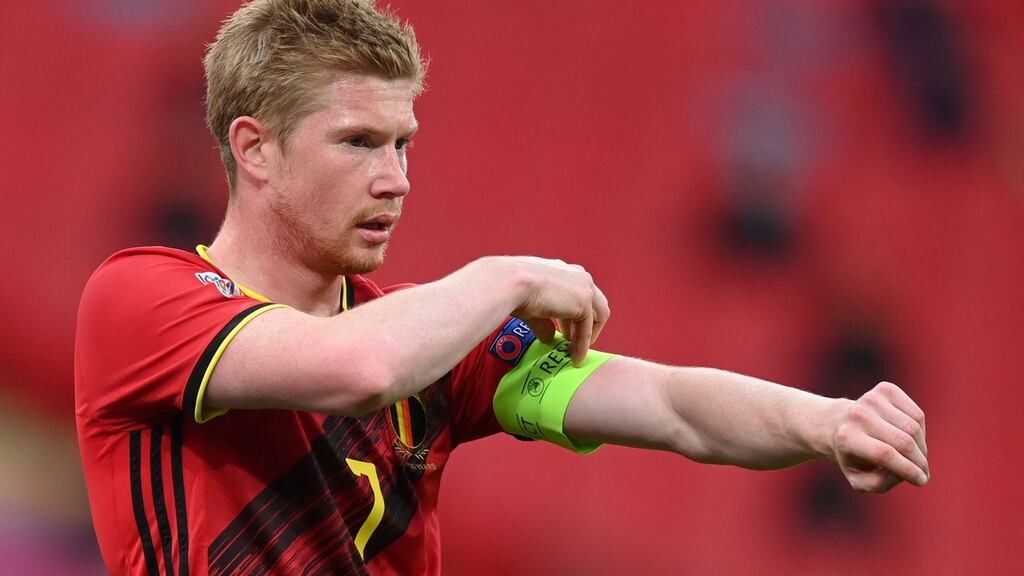 Kevin De Bruyne: Manchester City’s Belgium captain was injured and subsequently substituted in the defeat to England at Wembley. Photograph: Michael Regan/AFP/Getty