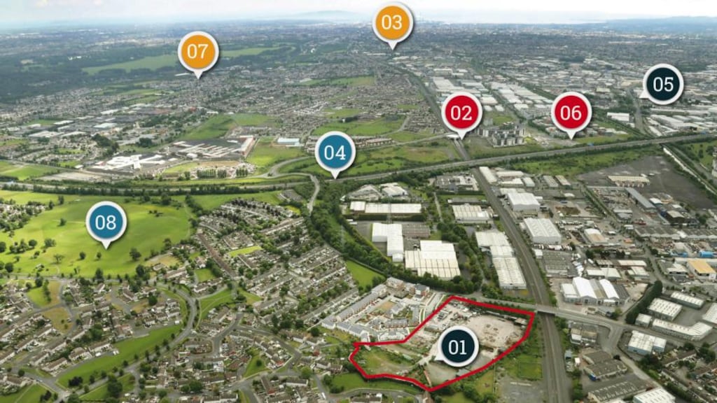 Cloverhill Road site, Clondalkin: 1 = site, 2 = rail station, 3 = city centre, 4 = M50, 5 = Naas Road/Luas Red line, 6 = Park West, 7 = Phoenix Park, 8 = Collinstown Park
