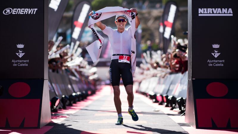 Jesper Svensson of Sweden celebrates winning the men’s race during Ironman Barcelona on October 7th, 2018. Photograph: Alex Caparros/Getty Images